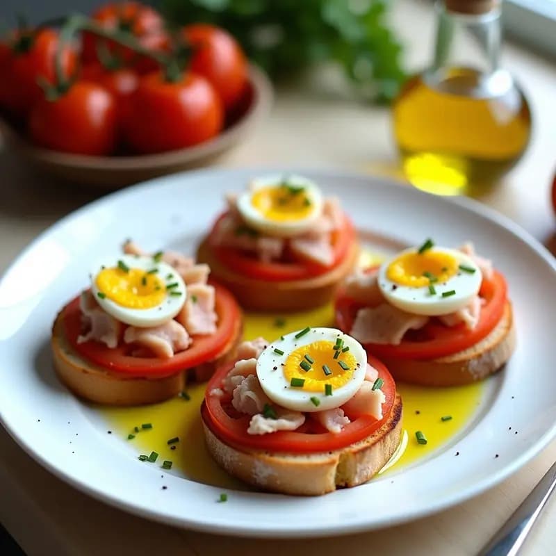 Plato blanco con tostadas doradas de pan de barra, frotadas con tomate maduro, generoso hilo de aceite de oliva virgen extra, atún en aceite desmenuzado y rodajas de huevo duro. Espolvoreado con cebollino fresco y pimienta negra. Receta catalana rápida y nutritiva.