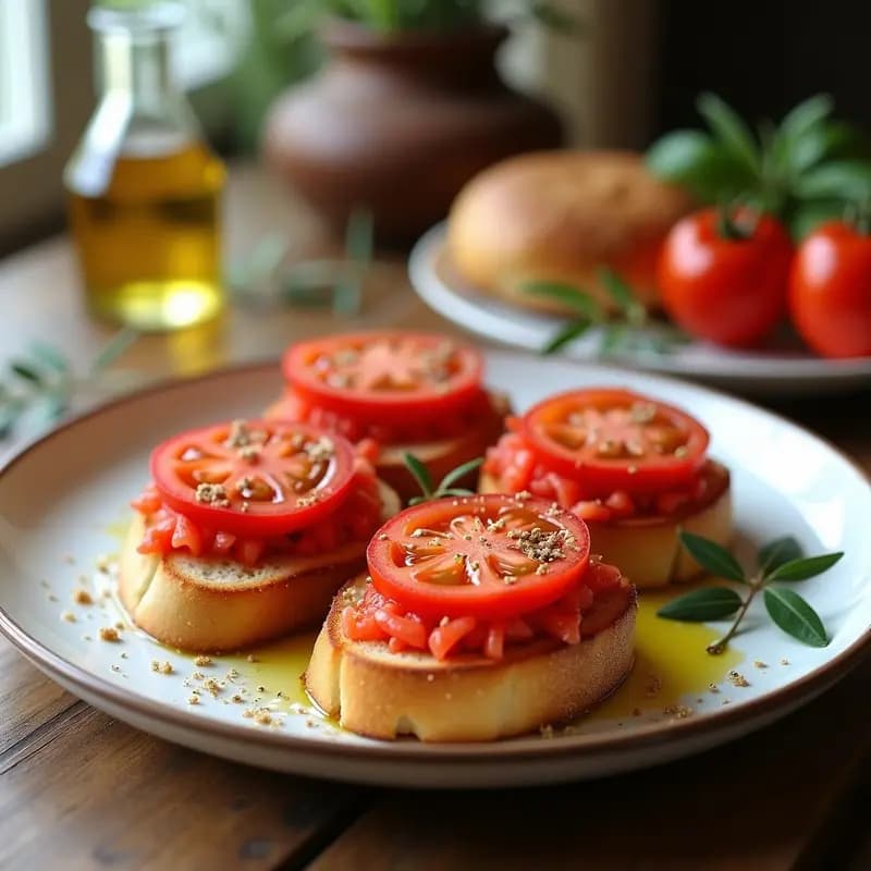 Plato blanco con tostadas doradas de pan de barra cubiertas de tomate rallado fresco, bañadas en aceite de oliva virgen extra y espolvoreadas con sal marina, desayuno catalán tradicional.