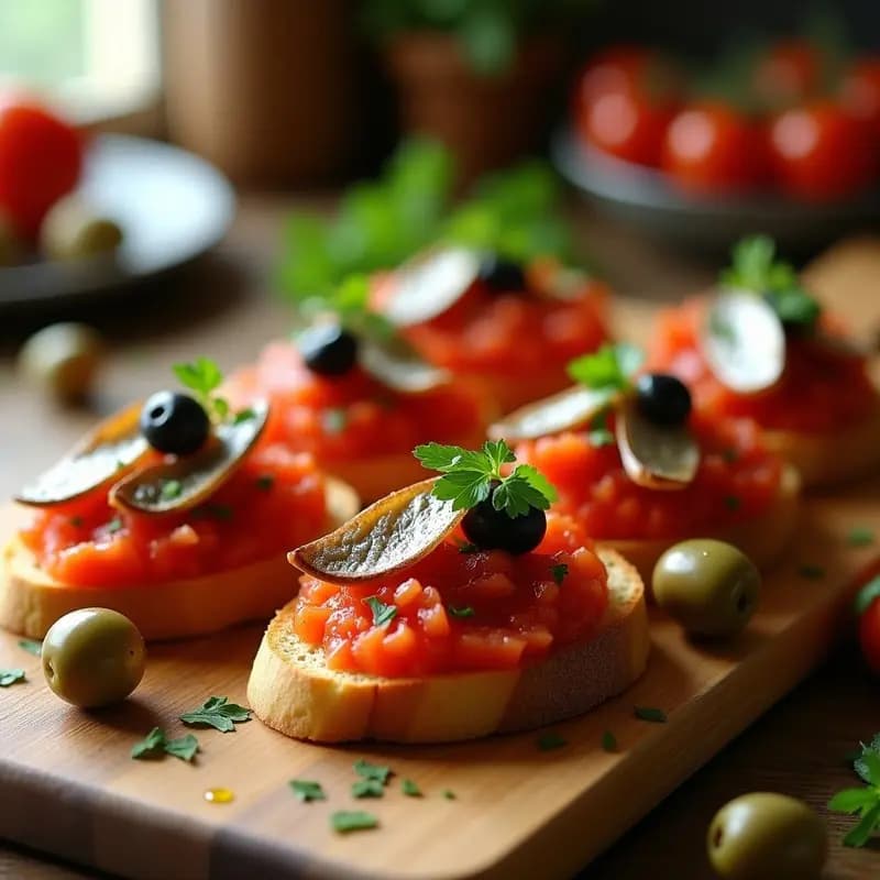 Tostadas doradas de pan rústico con salsa de tomate fresco, filetes de anchoas en aceite, aceitunas aliñadas y perejil picado, servidas en una tabla de madera como aperitivo andaluz rápido y sin cocción.