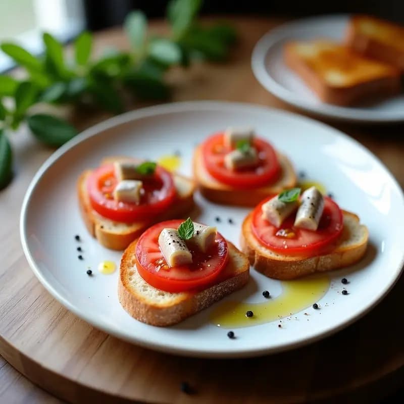 Plato blanco con 4 tostadas doradas de pan de barra cubiertas con tomate triturado fresco, taquitos de jamón serrano y filetes de anchoas en aceite de oliva, espolvoreadas con pimienta negra, sobre fondo rústico de madera.