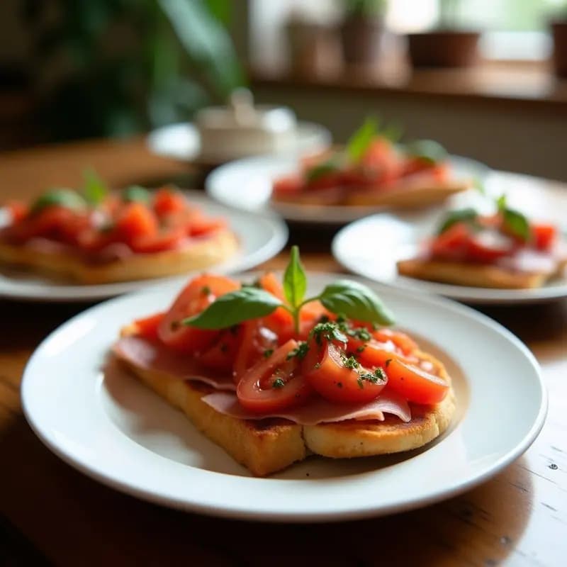 Plato blanco rústico con cuatro tostadas doradas de pan de barra, cubiertas con tomate triturado fresco y lonchas de jamón serrano en abanico. Detalle del aceite de oliva virgen extra brillando sobre el tomate y fondo de mesa de madera con aceitunas y un ramito de romero.