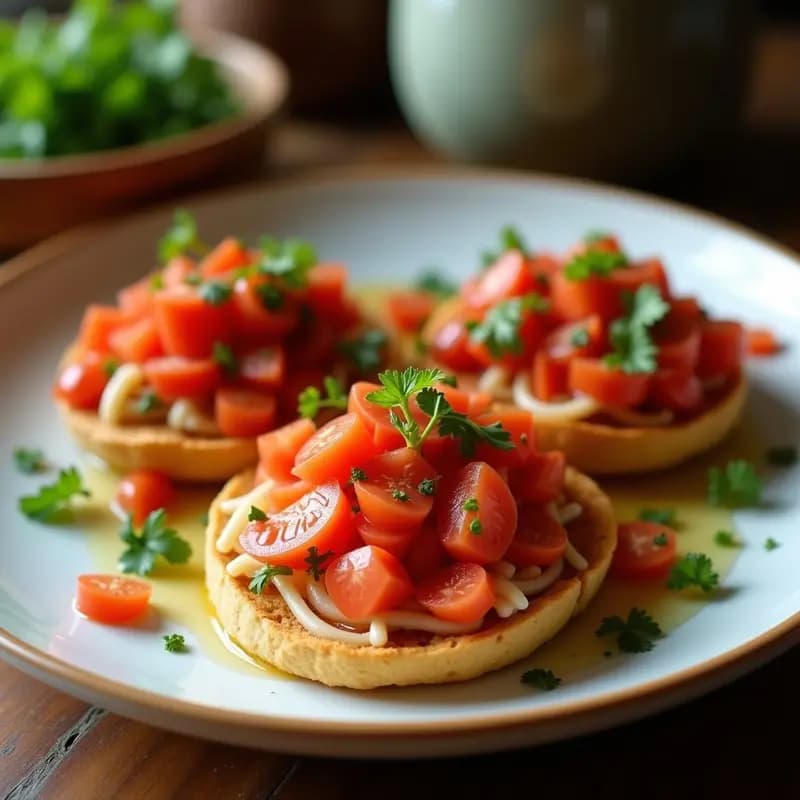 Tostadas doradas de pan rústico cubiertas con puré de tomate fresco, trozos de ventresca de atún y filetes de anchoas, decoradas con perejil picado y un hilo de aceite de oliva virgen extra. Plato típico catalán servido en tabla de madera.