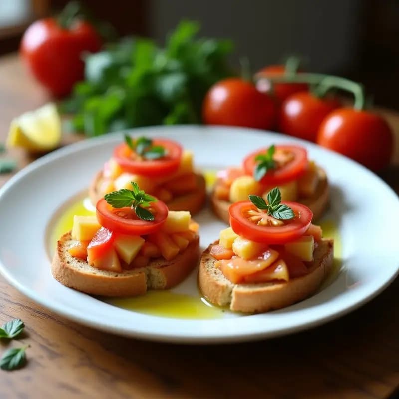 Tostadas doradas de pan de barra con tomate fresco frotado, ventresca de atún desmenuzada y perejil fresco, servidas en plato blanco sobre fondo rústico. Receta española de desayuno o cena rápida.