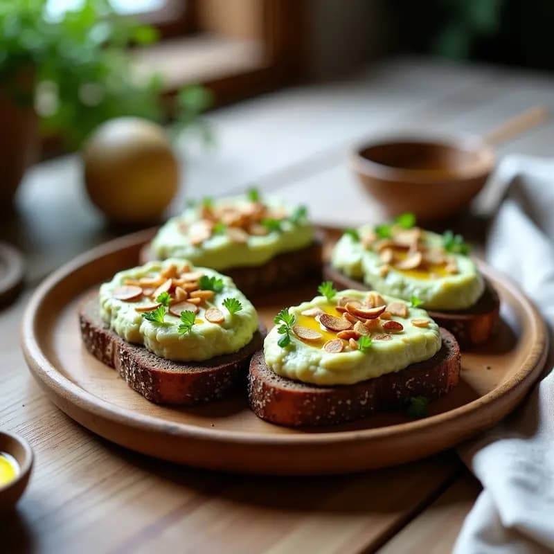 Tostadas doradas de pan de trigo sarraceno con puré de alcachofa cremoso, decoradas con aceite de trufa negra, perejil picado y almendras fileteadas sobre un plato de madera rústica. Receta de desayuno francés keto elegante y saludable.
