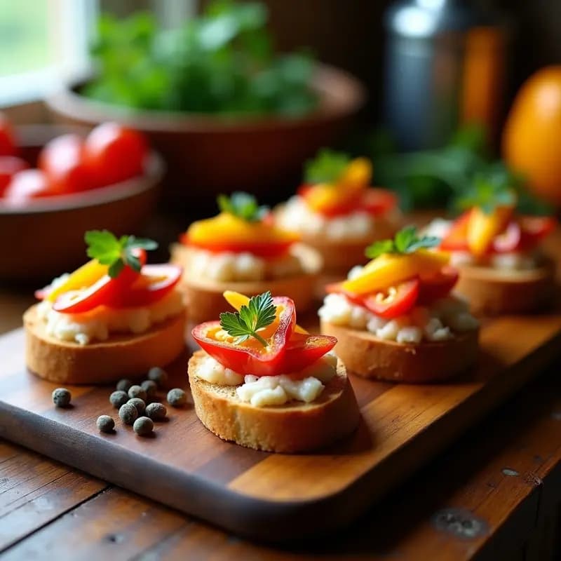 Bandeja de madera con tostadas doradas de pan de barra, cubiertas con ventresca de atún desmenuzada, tiras de pimientos asados rojos y amarillos, perejil fresco picado y un hilo de aceite de oliva. Aperitivo español tradicional y fácil de preparar.