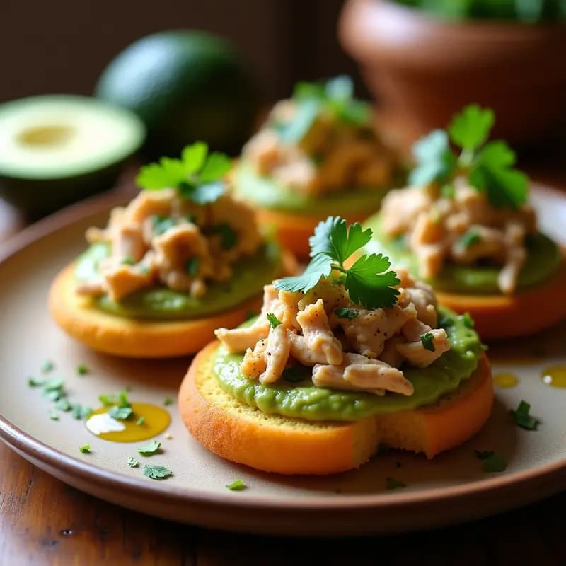 Tostadas de pan de maíz doradas y crujientes con una capa cremosa de guasacaca verde, pollo desmenuzado especiado y cilantro fresco. Aperitivo venezolano rápido y colorido sobre fondo rústico.