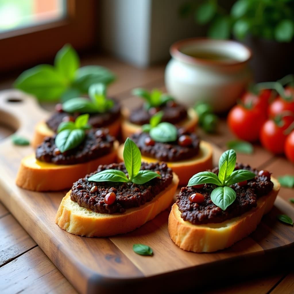 Tostal de pan de centeno dorado y crujiente con una capa generosa de paté cremoso de aceitunas negras y tomate seco, decorado con hojas de albahaca fresca y un hilo de aceite de oliva virgen extra. Plato rústico de madera con fondo difuminado.