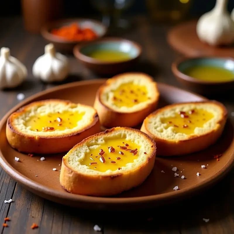 Tostas doradas de pan rústico con aceite de oliva virgen extra y ajo frotado, servidas en plato de madera con sal gruesa y pimentón espolvoreado, receta tradicional española de tapa sencilla.