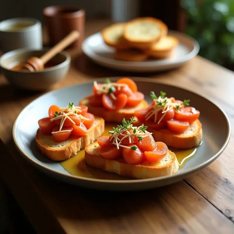 Tostas doradas de pan con sobrasada untada y hilo de miel de romero, decoradas con almendras fileteadas y tomillo fresco. Aperitivo dulce-salado mallorquín fácil y rápido.