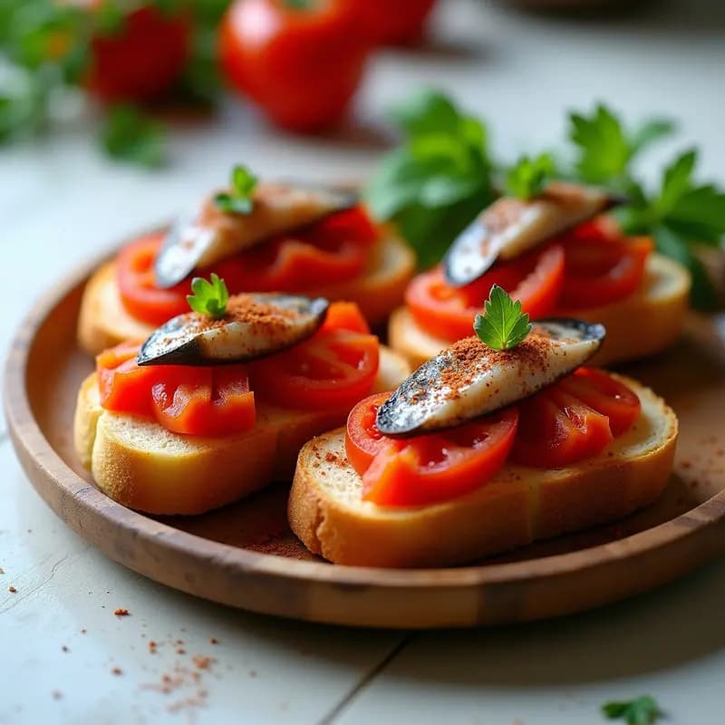 Tostas doradas de pan de barra con tomate rallado fresco, filetes de anchoas en aceite, espolvoreadas con pimentón dulce de la Vera y perejil picado, servidas en un plato de madera rústico.