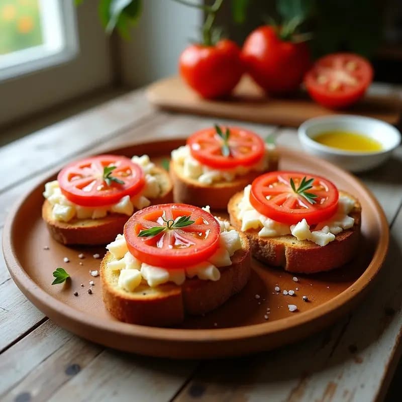 Tostas de pan rústico dorado con tomate frotado, lonchas de jamón serrano y queso de Mahón desmenuzado, servidas en un plato de madera con un hilo de aceite de oliva virgen extra y pimienta negra, receta de desayuno balear energético.