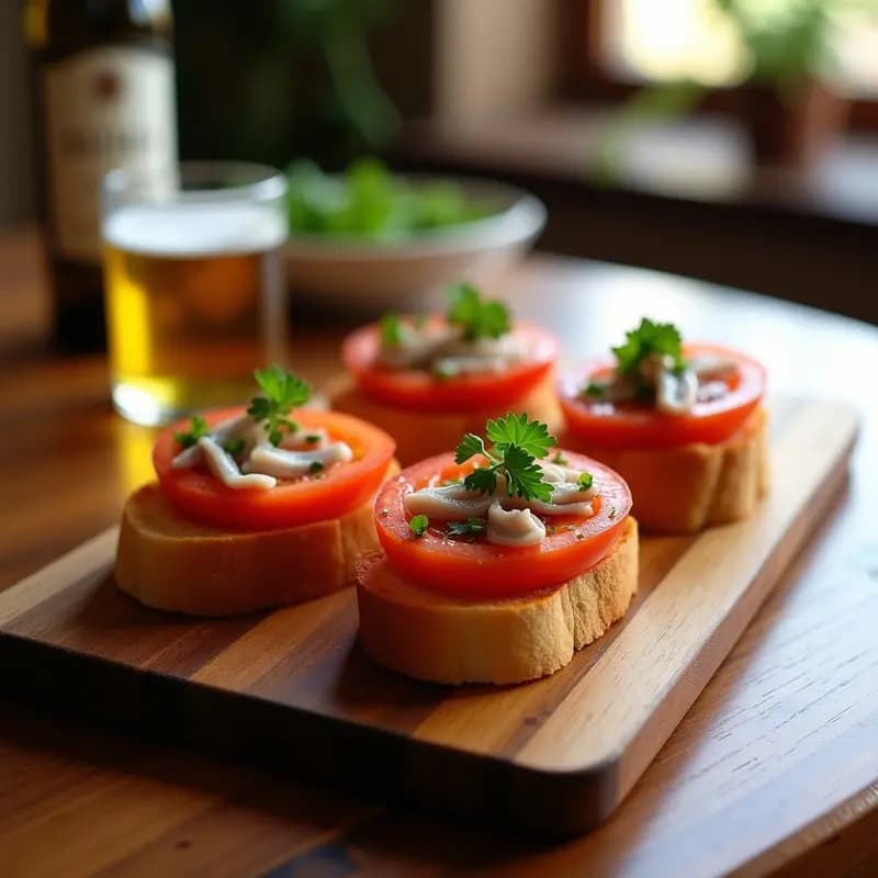 Tostas de pan dorado y crujiente con tomate frotado, ventresca de atún desmenuzada y filetes de anchoas, decoradas con perejil fresco y un hilo de aceite de oliva. Plato típico andaluz servido en una tabla de madera rústica.