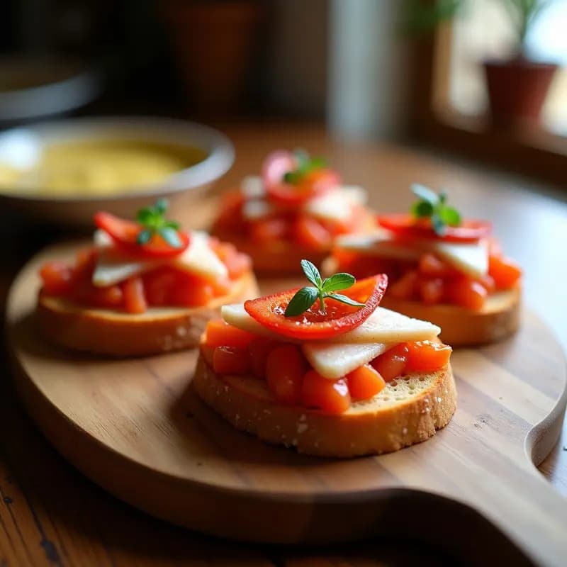 Tostas doradas de pan de barra con tomate rallado, filetes de anchoas en aceite y tiras de pimiento del piquillo asado, dispuestas en una bandeja de madera rústica. Tapa catalana tradicional lista para servir.