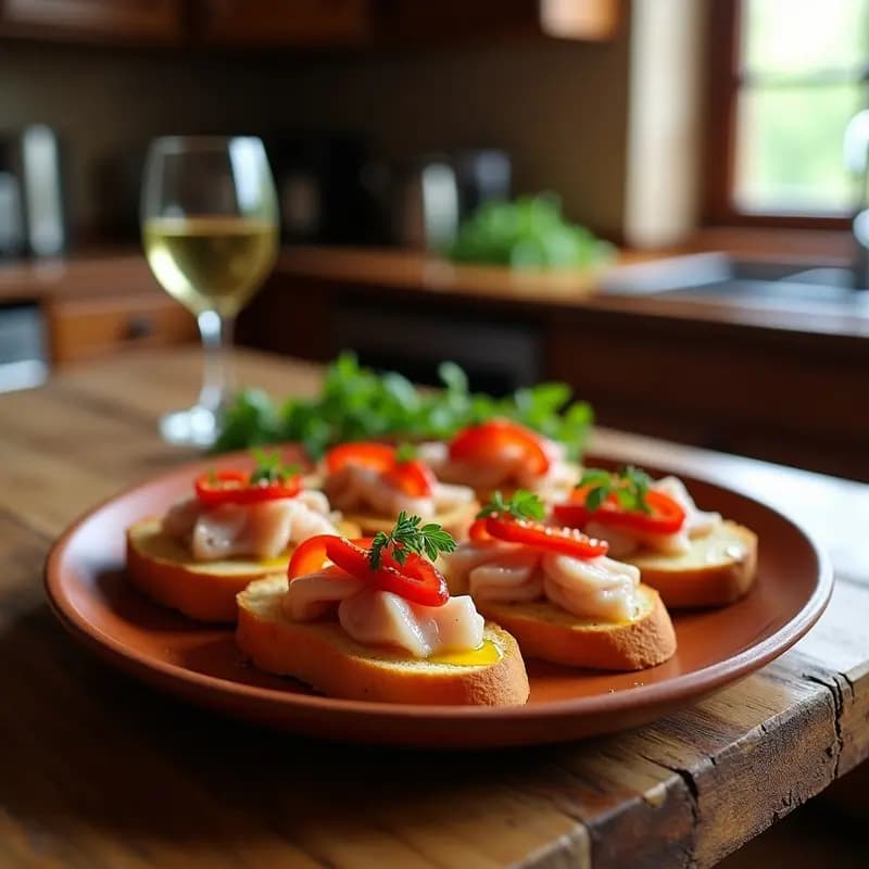 Tostas doradas de pan de barra con ventresca de atún desmenuzada y tiras de pimientos asados rojos, decoradas con perejil fresco y un hilo de aceite de oliva, servidas en plato rústico de barro sobre fondo de madera.
