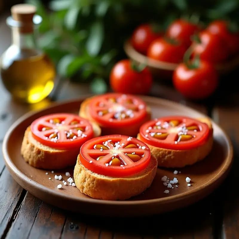 Rebanadas de pan rústico tostado con tomate frotado, bañadas en aceite de oliva virgen extra y sal marina, servidas en plato de madera rústico, receta tradicional catalana.