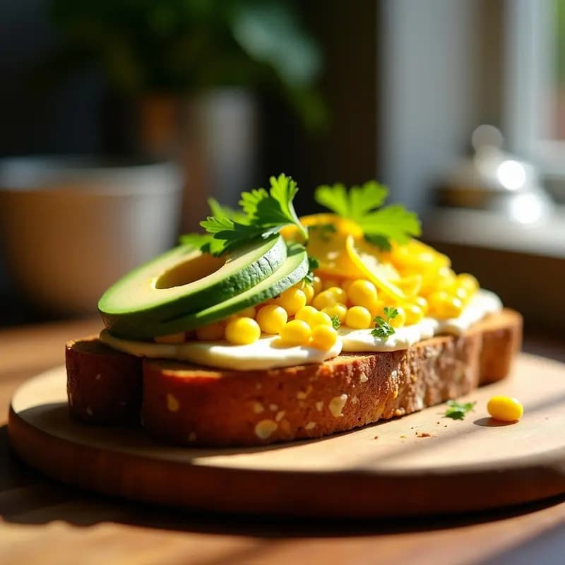 Tosti abierto de pan de centeno dorado relleno de arequepe amarillo, queso de cabra cremoso en láminas y rodajas de aguacate verde, decorado con hojas de culantro y ají amarillo en juliana. Plato rústico de madera con fondo borroso.