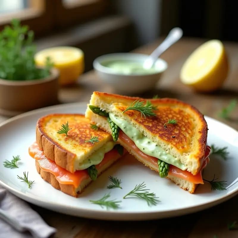 Tösti holandés dorado y crujiente relleno de crema de espárragos verdes suave y láminas de salmón ahumado, servido en un plato blanco con eneldo fresco espolvoreado y rodajas de limón al lado. Receta rápida de desayuno alta en proteína.