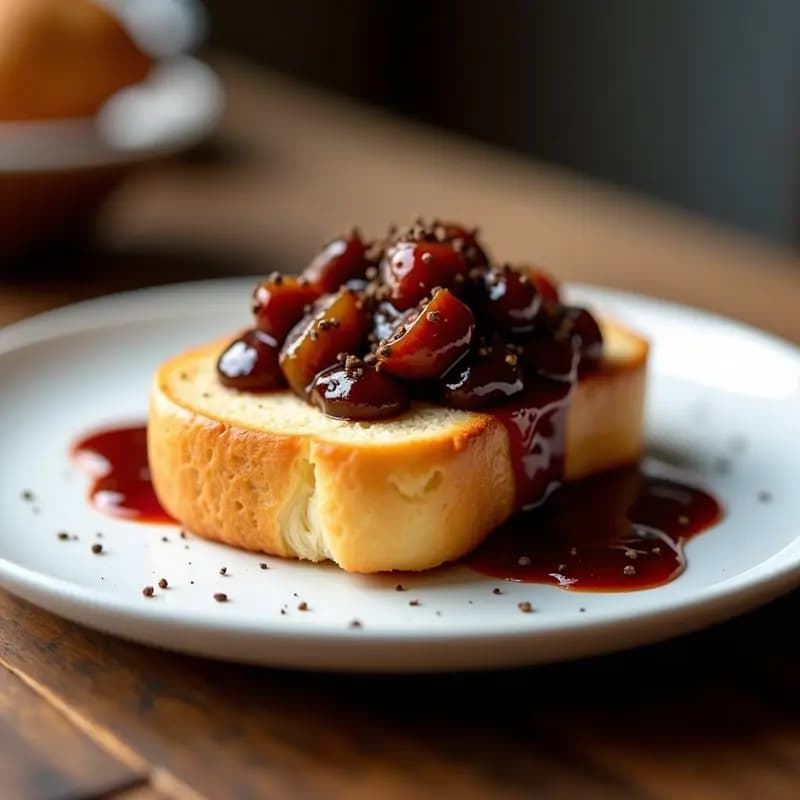 Tosto de pan brioche dorado y crujiente con una capa de foie gras cremoso, compota de higos brillante y un hilo de reducción de oporto oscuro, servido en un plato blanco sobre fondo rústico.