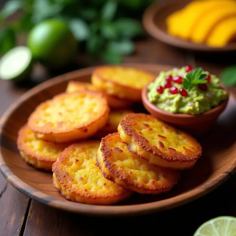 Plato rústico de madera con tostones puertorriqueños dorados y crujientes, apilados junto a un bol de guacamole de mango cremoso con trozos visibles de mango, cebolla morada y cilantro. Aperitivo latino sin gluten con texturas contrastantes.