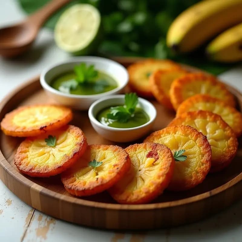Tostones dorados y crujientes en una fuente de madera rústica, acompañados de un bol pequeño con mojo de cilantro y ajo de color verde vibrante. Plato típico puertorriqueño preparado en airfryer, con textura perfecta y presentación apetitosa.