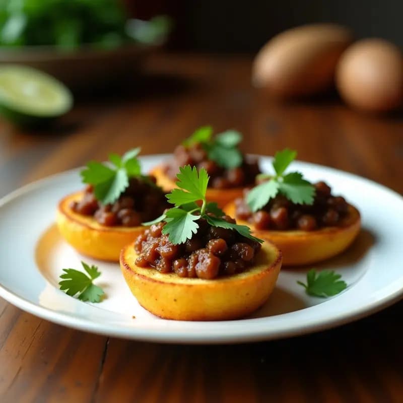 Tostones dorados y crujientes rellenos de picadillo de soja texturizada, decorados con hojas de cilantro fresco, servidos en un plato de cerámica blanca sobre un fondo rústico de madera. Receta puertorriqueña vegana y sin gluten.