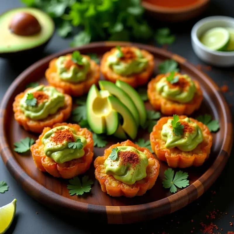 Tostones dorados y crujientes rellenos de pollo desmenuzado y crema de aguacate, servidos en plato rústico de madera con rodajas de lima y hojas de cilantro, receta dominicana tradicional.