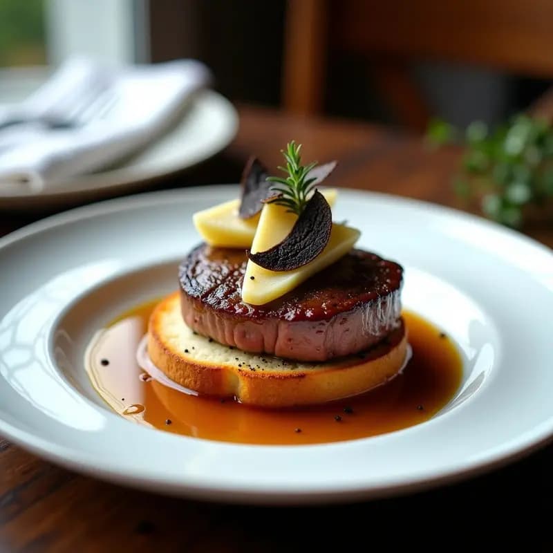 Plato de porcelana blanca con Tournedos Rossini: solomillo de ternera sellado sobre medallón de foie gras y pan de brioche tostado, bañado en salsa oscura de trufa negra y vino Oporto, decorado con láminas de trufa fresca y espolvoreado con pimienta negra, sobre fondo de mesa elegante con servilleta de lino.