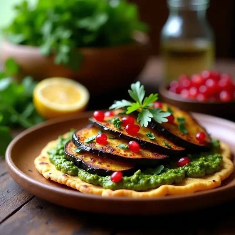 Plato rústico de madera con tpostas de berenjena asada sobre triángulos de pan de pita, cubiertas de pesto verde de cilantro y nueces, decoradas con semillas de granada roja. Fondo borroso con hierbas frescas y especias georgianas.