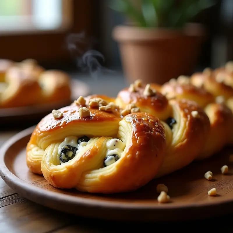 Trenza dorada de hojaldre recién horneada con trozos de queso cabral asomando, espolvoreada con nueces picadas y un hilo de miel brillante. Plato rústico de madera con fondo de cocina tradicional asturiana.