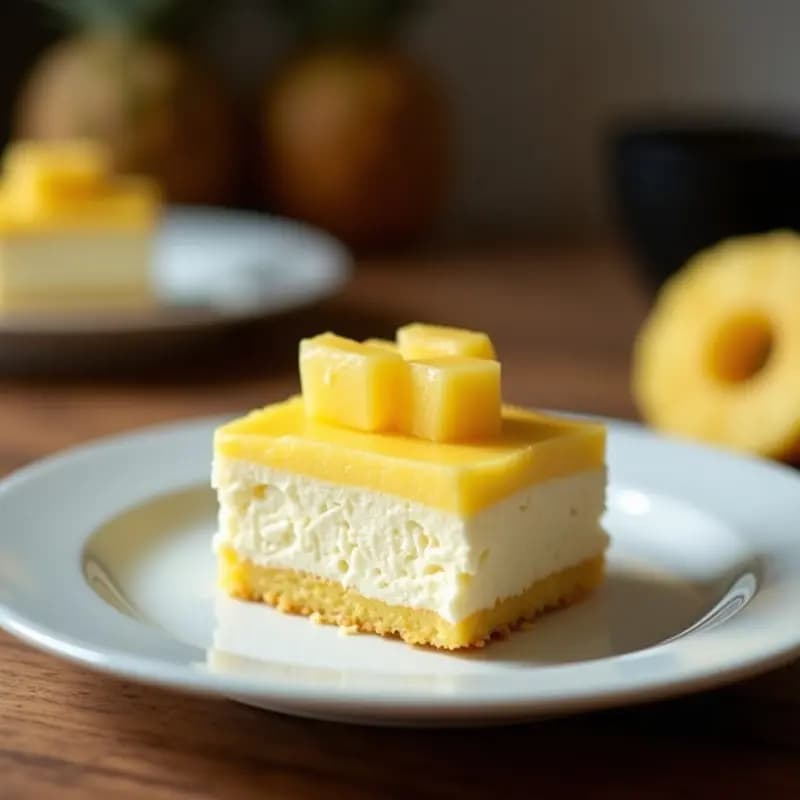 Postre tres leches colombiano de coco y piña en fuente rectangular, bizcocho esponjoso empapado en leches vegetales, decorado con cubos de piña caramelizada y coco rallado, servido en porciones cuadradas con brillo tropical.