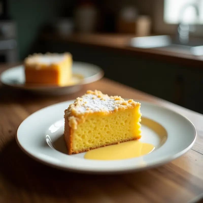 Postre Tres Leches Colombiano con Cocos y Cúrcuma en molde rectangular, bizcocho esponjoso dorado empapado en tres leches, decorado con coco rallado tostado y ralladura de limón, servido en porciones individuales sobre plato blanco.