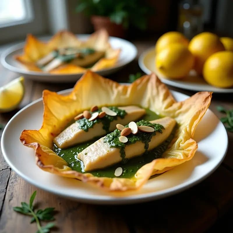 Filetes de trucha al vapor en papillote abierto, bañados en salsa verde brillante con eneldo y perejil, decorados con almendras tostadas sobre un plato de cerámica blanca, receta rumana tradicional.