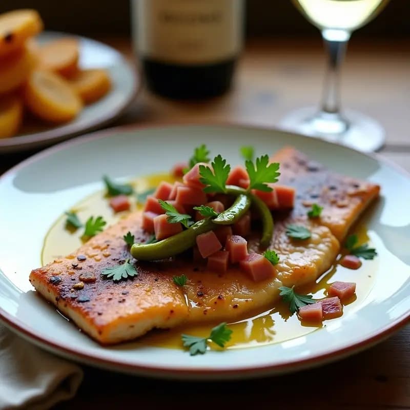 Plato de trucha a la Navarra con jamón serum, dorada y jugosa, sobre una salsa de pimientos verdes, cebolla y jamón en taquitos, decorada con perejil fresco. Receta tradicional navarra fácil y sabrosa.