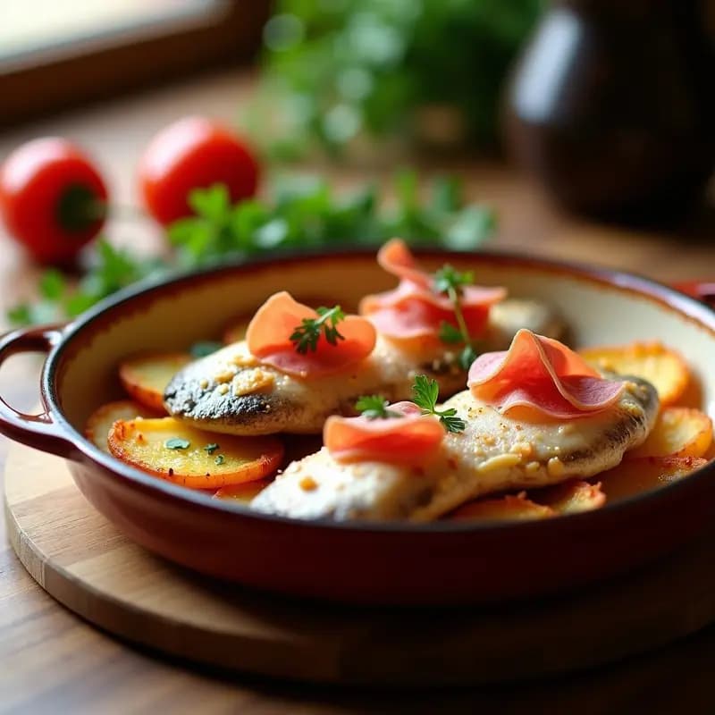 Fuente de horno con trucha a la riojana dorada, cubierta de jamón serrano y acompañada de patatas panaderas crujientes, decorada con perejil fresco.