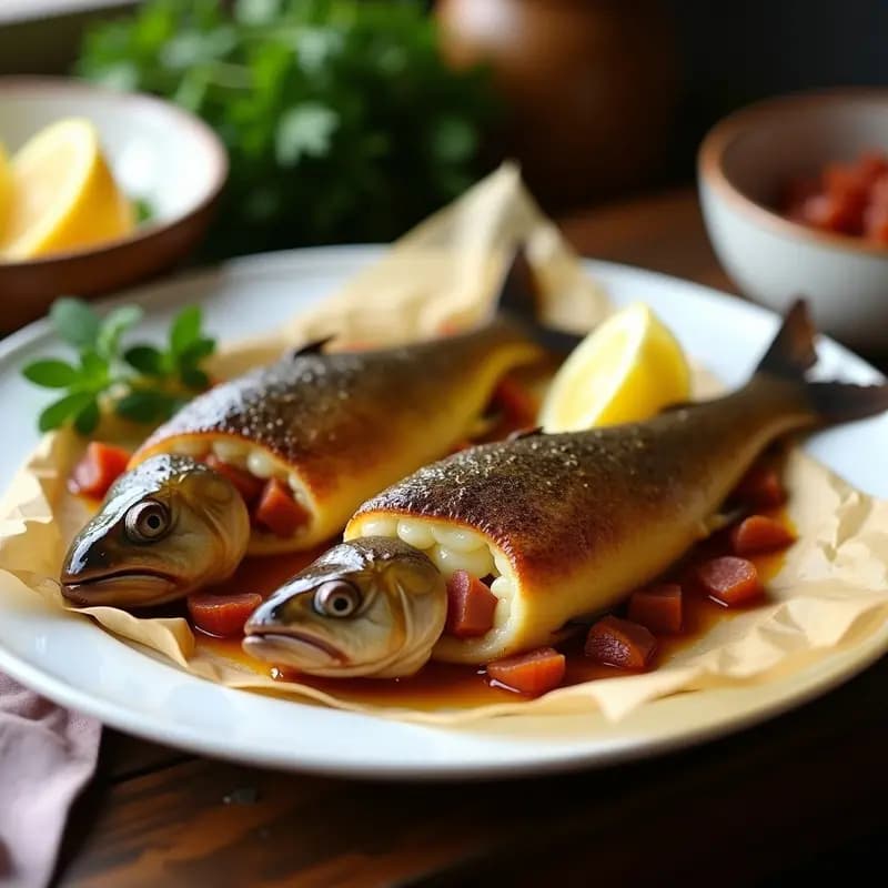 Truchas Navaridas rellenas de jamón y queso Idiazábal en fuente de horno, con piel dorada y crujiente, relleno gratinado y perejil fresco espolvoreado. Plato gourmet vasco servido con limón.