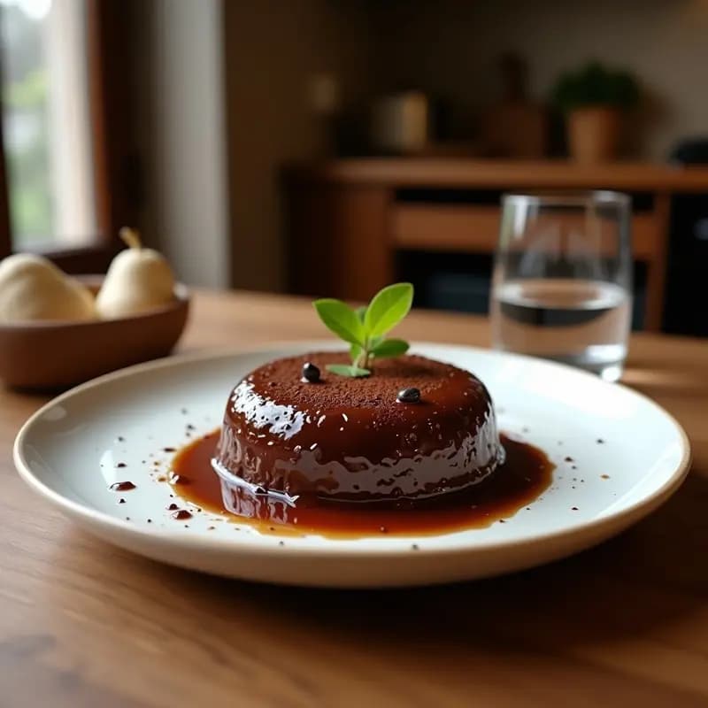 Trufas de chocolate negro con licor de hierbas alicantino, cubiertas de cacao en polvo, dispuestas en una bandeja de madera rústica con hojas de menta y almendras fileteadas como decoración. Postre navideño tradicional.