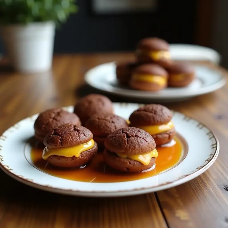 Trufas de chocolate negro con relleno cremoso de queso de cabra y miel, decoradas con cacao en polvo y almendras fileteadas, servidas en plato blanco sobre fondo oscuro.