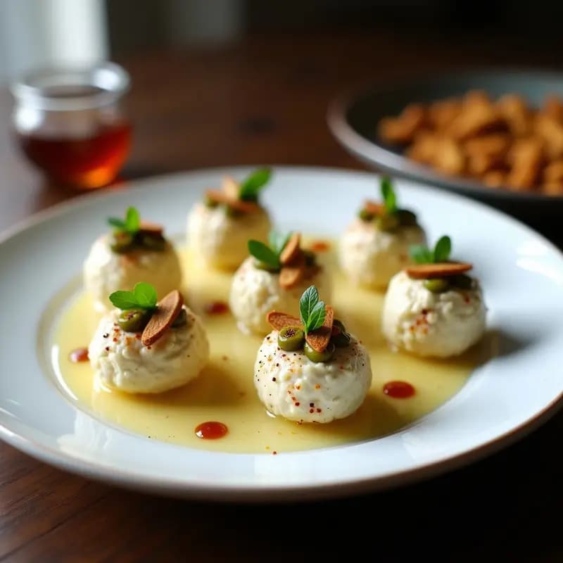 Plato blanco con trufas de queso de cabra y piparras con almendras, decoradas con hojas de perejil y espolvoreadas con pimentón de la Vera, sobre fondo rústico de madera.