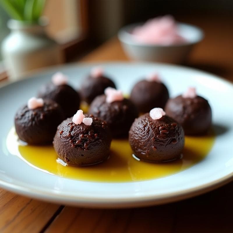 Trufas redondas y oscuras de cacao con trozos de almendra, brillantes por el aceite de oliva, servidas en un plato blanco con un toque de sal del Himalaya, postre saludable sin azúcar.
