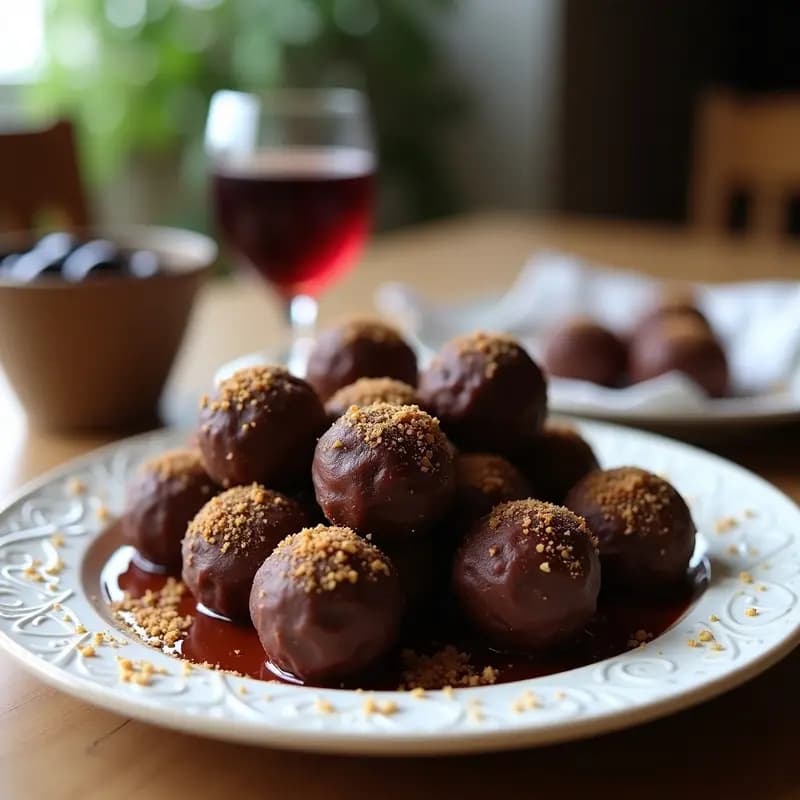 Trufas redondas de color negro intenso con brillo, rellenas de pasta de aceituna Kalamata, dispuestas en bandeja de madera con cacao en polvo espolvoreado y rodajas de naranja al fondo. Postre griego keto sin azúcar.