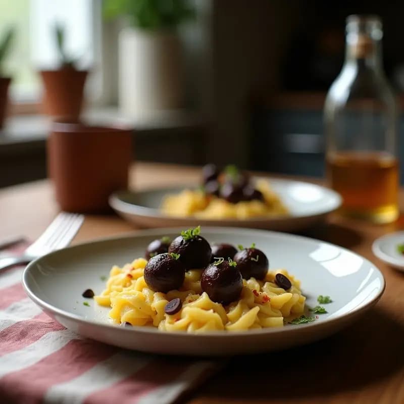 Bandja blanca con trufas redondas de aceitunas Kalamata y cacahuete rebozadas en cacao y sésamo, aperitivo griego keto sobre fondo rústico de madera con hojas de laurel.