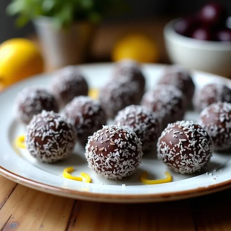 Trufas de aceitunas Kalamata y chocolate negro veganas sin azúcar, servidas en un plato blanco con coco rallado y rodajas de limón, postre griego elegante y saludable.