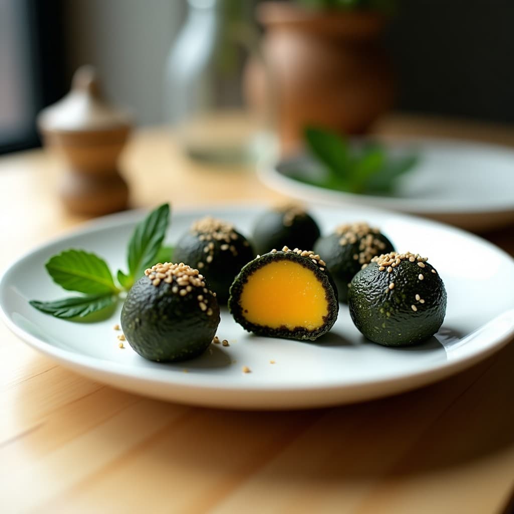 Trufas redondas de color verde oscuro por fuera, cubiertas de sésamo tostado y alga nori triturada, con un interior cremoso de color amarillo dorado de mango. Presentadas en un plato de cerámica blanca con hojas de menta como decoración.