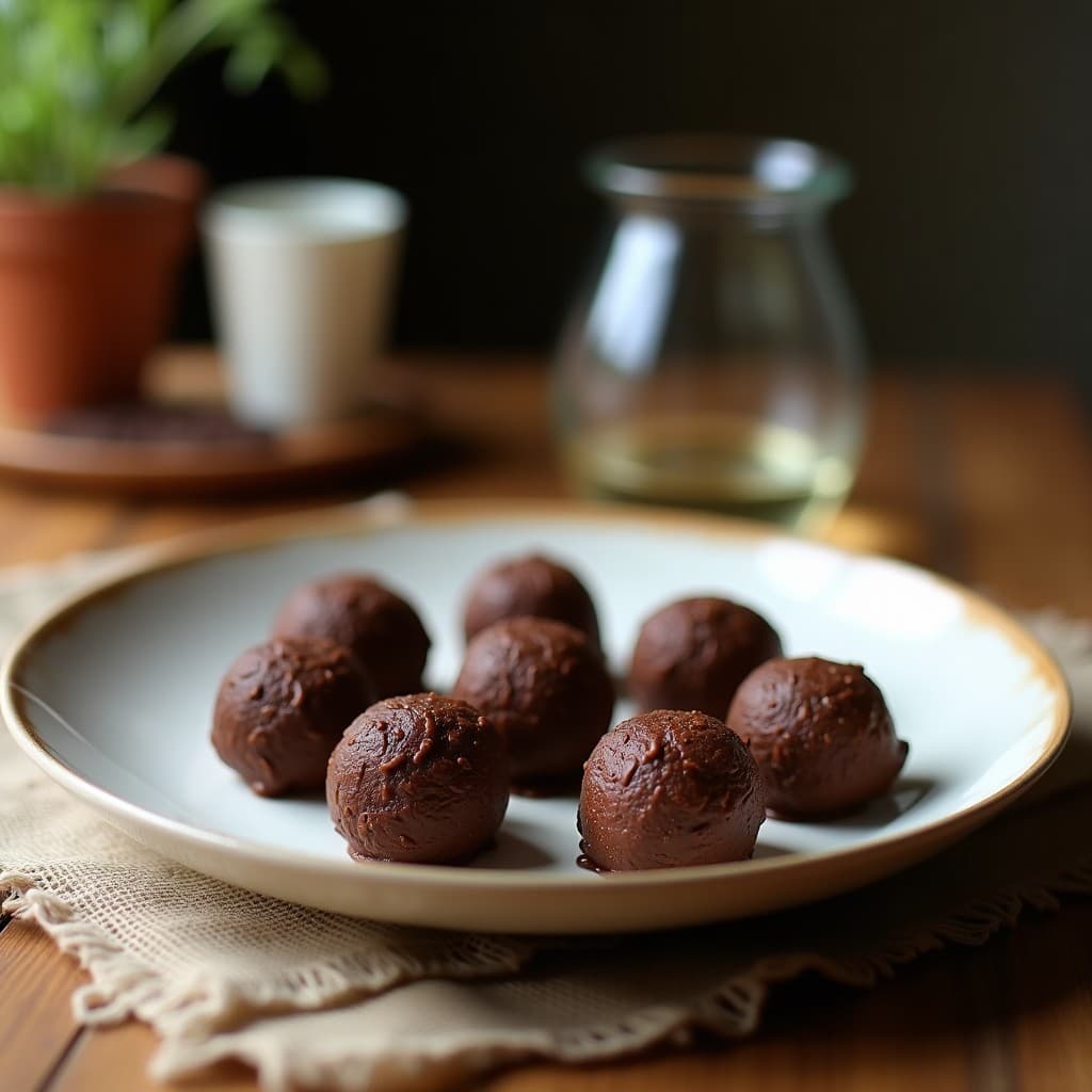 Trufas de cacao y aceite de coco con esencia de ylang-ylang veganas, servidas en plato negro de cerámica con coco rallado y pétalos de rosa comestibles, postre afroasiático afrodisíaco.