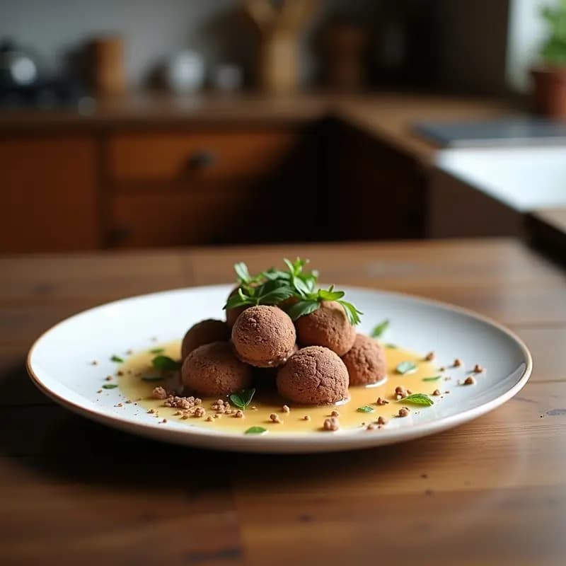 Trufas de cacao y aceitunas negras veganas servidas en plato blanco, con acabado en polvo de cacao y virutas de almendra.