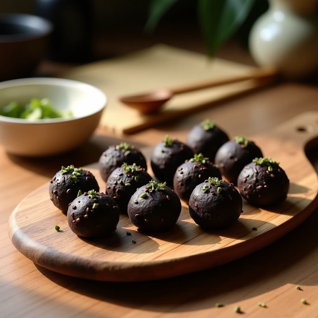 Trufas de cacao y algas nori veganas sin azúcar, cubiertas de semillas de sésamo negro, dispuestas en una bandeja de madera con algas nori en copos espolvoreadas y fondo borroso de utensilios de cocina japoneses.