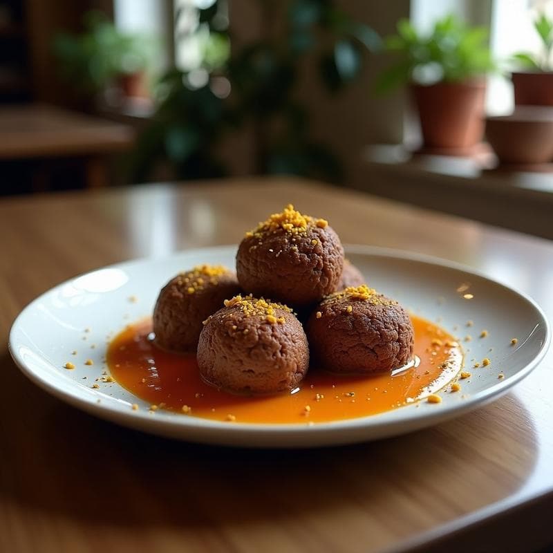 Trufas de cacao y kamut con relleno de frambuesa raw sobre una tabla de madera oscura, espolvoreadas con cacao en polvo y decoradas con frambuesas frescas y copos de kamut.