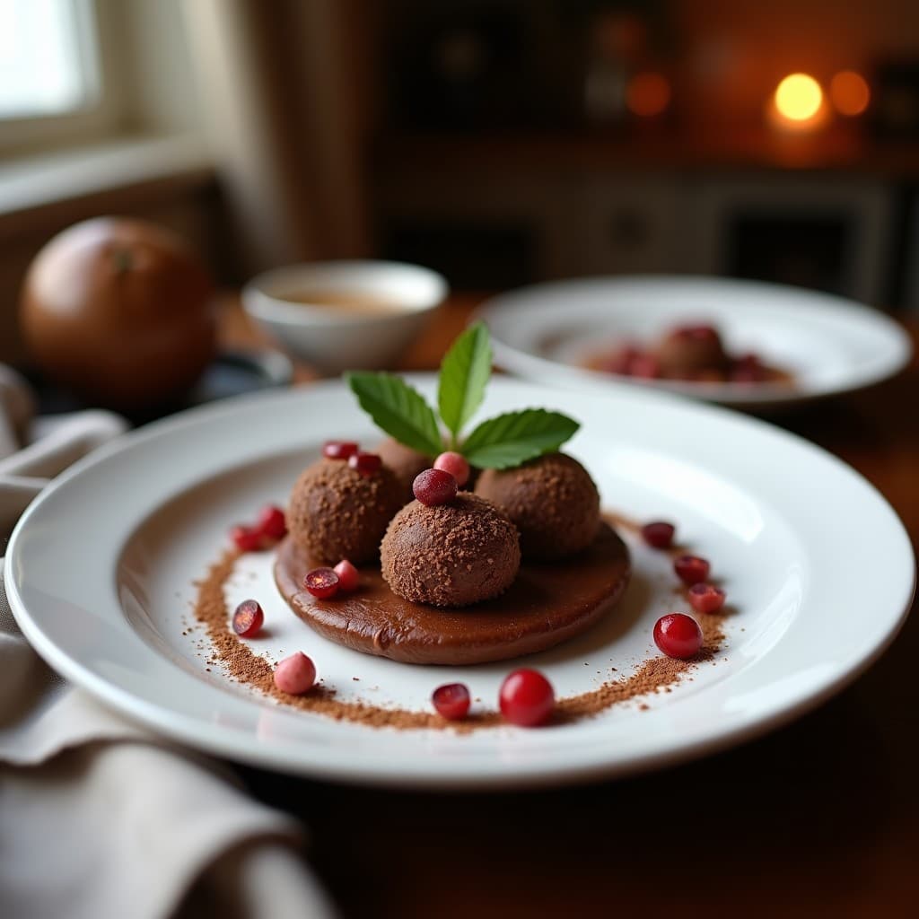 Trufas de cacao y puré de dátiles con toque marroquí, rebozadas en coco rallado y semillas de sésamo, servidas en un plato de cerámica blanca con detalles dorados y espolvoreadas con cacao en polvo.