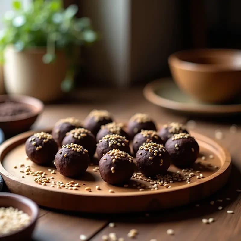 Trufas de café y semillas de loto veganas, redondas y cubiertas de semillas de sésamo tostadas, dispuestas en una bandeja de madera rústica con fondo borroso. Postre saludable y energético.