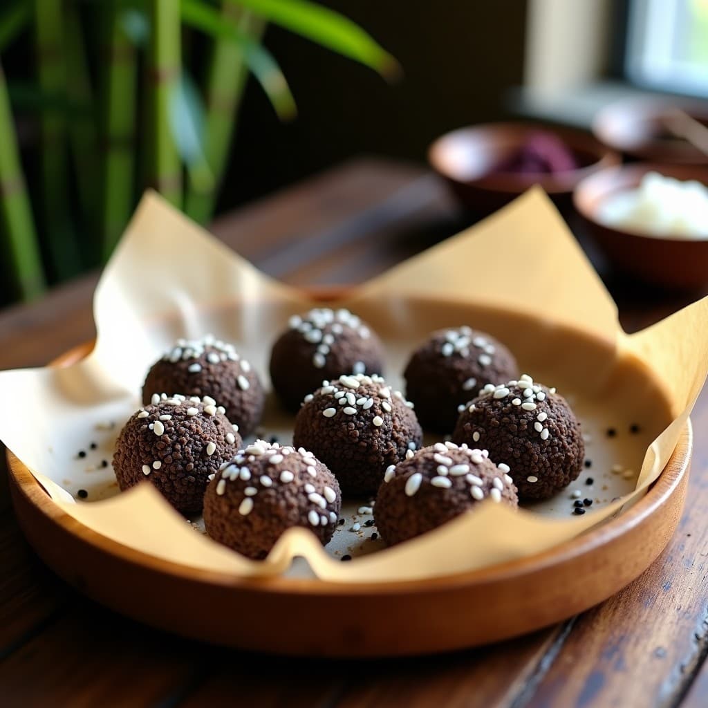 Trufas redondas de color marrón oscuro con textura rugosa, cubiertas de coco rallado y semillas de sésamo negro, dispuestas en una bandeja de madera con fondo de hojas de bambú. Postre chino vegano sin azúcar.